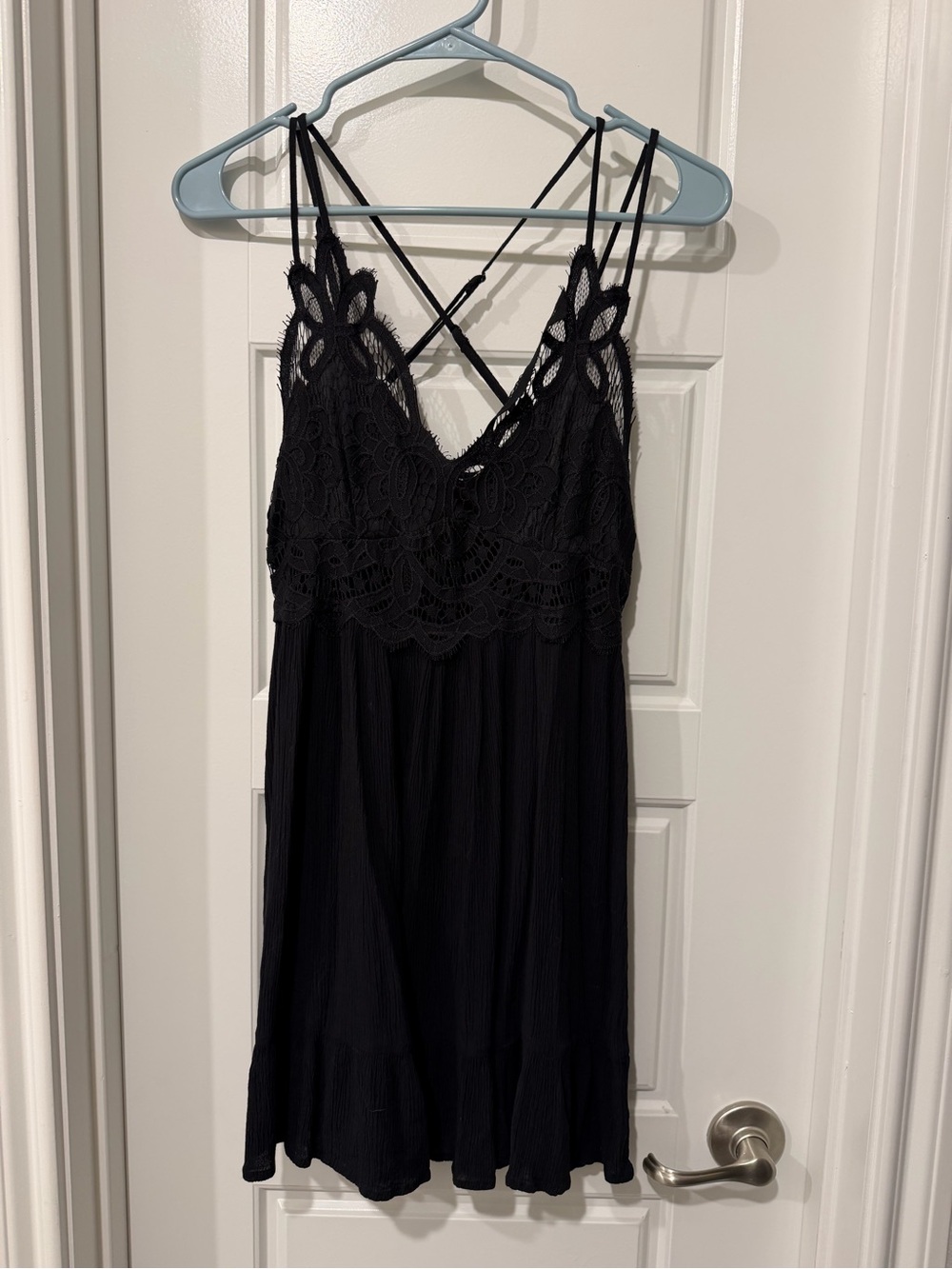 Black Lace-Trim Slip Dress with Crisscross Straps
